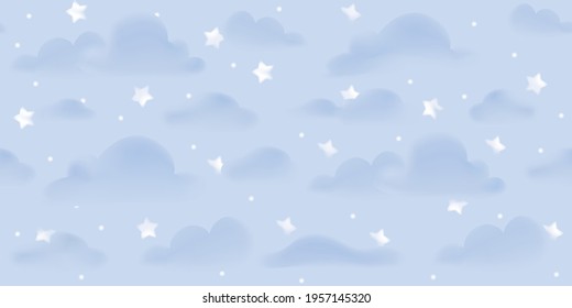 Cute Seamless Pattern with Blue Clouds and Stars. Vector Illustration