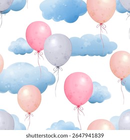 Padrão perfeito bonito com nuvens azuis e balões em estilo aquarela. Ilustração desenhada à mão em cores pastel. Fundo bonito para chá de bebê, aniversário, festa, papel de embrulho, design têxtil.