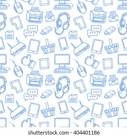 cute seamless pattern with blue computer icons on white background. hand-drawn illustration