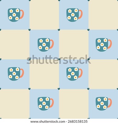 cute seamless pattern blue cup with flower printed. cute wallpaper in blue patchwork background