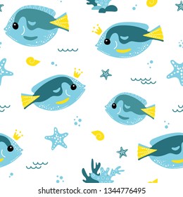 Cute seamless pattern with blue fishes. Children vector background. Suitable for printing on fabric, textile, paper, wallpaper.