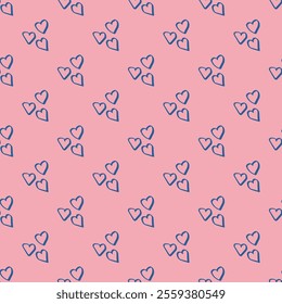 Cute seamless pattern with blue hand-drawn hearts on a pink background. Lovely vector backdrop in whimsical doodle style