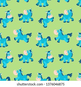 Cute seamless pattern with blue horses. Vector cartoon background. 