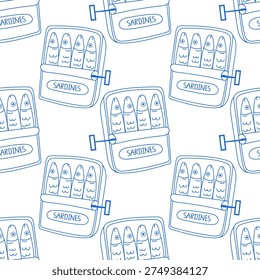 A cute seamless pattern with blue open sardine cans . Backdrop, wallpaper, fabric, notebook cover template