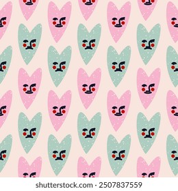 Cute seamless pattern with blue and pink hearts with different faces. Vector square print, background, design 