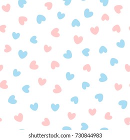 Cute seamless pattern with blue and pink hearts scattered on white background. Lovely vector illustration.