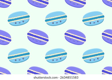 Cute seamless pattern with blue and purple macarons featuring kawaii faces. Ideal for kids' designs, textiles, and cheerful confectionery-themed prints.

