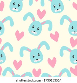 lindo patrón sin costuras. conejos y corazones azules. impreso para papel pintado, envoltura, textil. vector, eps 10