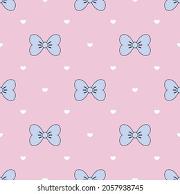Cute seamless pattern blue ribbon and heart. for background, illustration, wallpaper, wrapping, paper, fabric