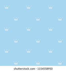 Cute seamless pattern. Blue royal vector background. Doodle crown with white dots. Design prince nursery, baby boy clothes, fabric, party invite. Light backdrop for little king throne.Premium kid