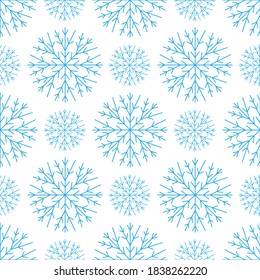 Cute seamless pattern of blue snowflakes on a white background. Winter decor elements, design in a flat style for cards, wrapping paper, fabric, wallpaper and more. Stock vector illustration	
