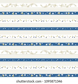 Cute seamless pattern with blue stripes of different thicknesses and a variety of small flowers on a white background. The elements are arranged horizontally. Vector for fashion prints, textiles