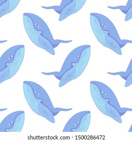 Cute seamless pattern with blue whales. White background. Hand drawn style illustration. Vector.