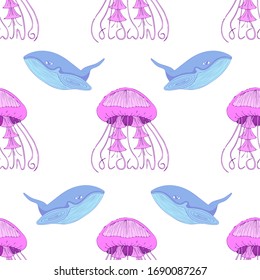 Cute seamless pattern with blue whales, pink jellyfish. White background. Doodle hand drawn style illustration. Vector.