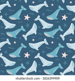Cute seamless pattern with blue whales and starfish. Vector childish illustration isolated on white background. Suitable for printing on fabric, paper, wallpaper.