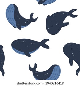 Cute seamless pattern with blue whales.