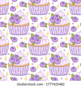 Cute seamless pattern with blueberry cupcake muffin, on a white background. It can be used for packaging, wrapping paper, textile, home decor, menu etc. 