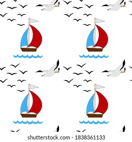 Cute seamless pattern with a boat on the sea wave and seagulls on a white background. Marine items in a flat style.
Stock vector illustration for decor and design, textiles,
wallpaper, wrapping paper