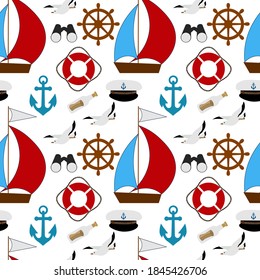 Cute seamless pattern with boat, seagull, lifebuoy, anchor, steering wheel, peaked cap, binoculars, bottle mail on a white background. Marine items in a flat style.
Stock vector illustration for decor