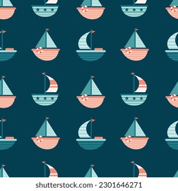 Cute seamless pattern with boats on a blue background