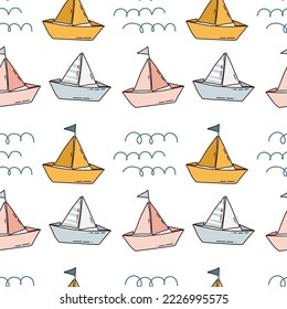 Cute  seamless pattern with boats and wave. vector illustration of marine elements line. Hand drawn cartoon background