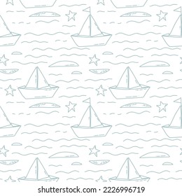Cute  seamless pattern with boats and wave. vector illustration of marine elements line. Hand drawn cartoon background