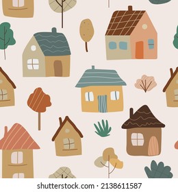 Un patrón impecable con casas y árboles. Estilo bohemio para la decoración del vivero. Concepto inmobiliario. Ilustración de material vectorial
