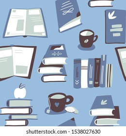 Cute seamless pattern with books. Love reading texture for textile, paper. School, library, study, education concept, bookstore. Hand-drawn illustration.