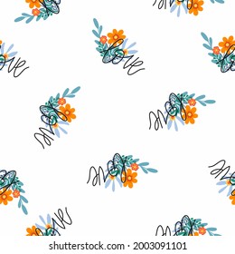 Cute seamless pattern, bouquet of flowers and leaves, lettering Love, suitable for application on fabric or paper