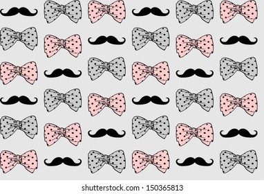 Cute Seamless Pattern with Bow and Mustache, Vector Illustration