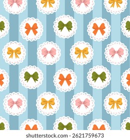 Cute seamless pattern with bows in a frame on a striped background. Vector.