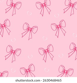 Cute seamless pattern with bows and hearts. Vintage bows composition. Pink bows on a pink background. Vector print.