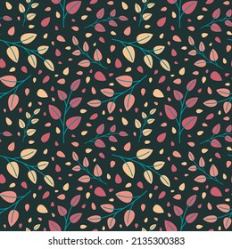 Cute seamless pattern of branch and colorful leaves in nature style. Vector illustration. Use for wallpaper, print packaging paper, fabrics 