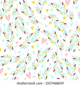 Cute seamless pattern with branches, leaves and hearts. Light delicate background in Scandinavian style.  Wrapping paper, textile, fabric design
