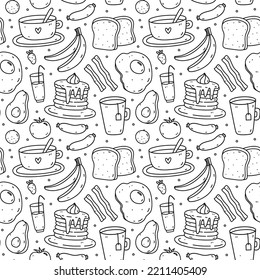 Cute seamless pattern with breakfast food - fried eggs, bacon, toast, coffee, avocado, pancakes, fruits. Vector hand-drawn illustration in doodle style. Perfect for print, wrapping paper, wallpaper.