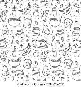 Régimen ininterrumpido con desayuno - avena, tostada, mermelada, café, cruasán, aguacate, tocino, frutas. Ilustración de vectores dibujada a mano en estilo doodle. Perfecto para imprimir, envolver papel, tapicería