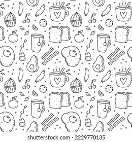Cute seamless pattern with breakfast food - fried eggs, bacon, toasts, sausages, coffee, avocado, fruits. Vector hand-drawn illustration in doodle style. Perfect for print, wrapping paper, wallpaper.