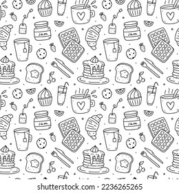 Cute seamless pattern with breakfast food - toasts, jam,  coffee, tea, croissants, waffles, pancakes. Vector hand-drawn illustration in doodle style. Perfect for print, wrapping paper, wallpaper. svg