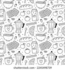 Cute seamless pattern with breakfast food - coffee, milk, bread, bacon, waffles, oatmeal, croissant, vegetables and fruits. Vector hand-drawn doodle illustration.Perfect for print, wrapping, wallpaper