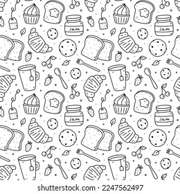 Un estilo impecable con la comida del desayuno: té, tostadas, mermelada, croissants, galletas, pasteles y berry. Ilustración del doodle dibujada a mano por vectores. Perfecto para imprimir, embalar, papel pintado, varios diseños.