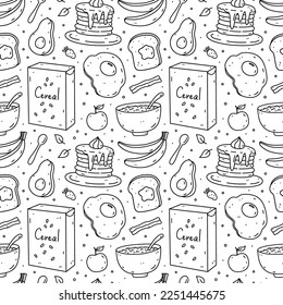 Cute seamless pattern with breakfast food - toasts, oatmeal, avocado, bacon, fried egg, pancakes. Vector hand-drawn doodle illustration. Perfect for print, wrapping, wallpaper, various designs.