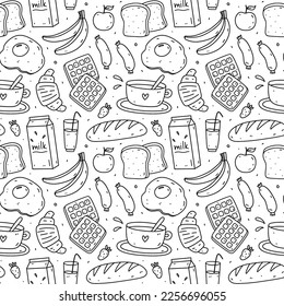 Cute seamless pattern with breakfast food - toasts, fried egg, sausages, coffee, croissants, waffles. Vector hand-drawn doodle illustration. Perfect for print, wrapping, wallpaper, various designs.