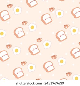 Cute seamless pattern with breakfast food - fried eggs, bread and coffee.Vector hand drawn illustration in doodle style. 