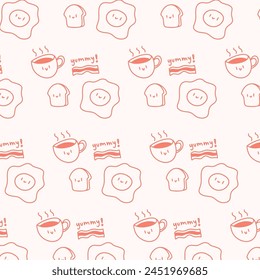 Cute seamless pattern with breakfast food - fried eggs, bacon, bread, coffee.Vector hand drawn illustration in doodle style. 