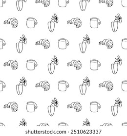 Cute seamless pattern with breakfast food - toasts, jam, coffee, tea, croissants, waffles, pancakes. Vector hand-drawn illustration in doodle style. Perfect for print, wrapping paper, wallpaper.

