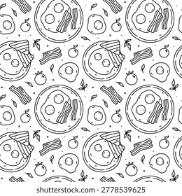Cute seamless pattern with breakfast food - fried eggs, bacon, toast, tomatoes, fruits. Vector hand-drawn doodle illustration. Perfect for print, kitchen and cooking designs, textile, packaging.