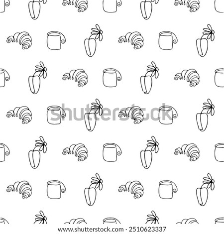 Cute seamless pattern with breakfast food - toasts, jam, coffee, tea, croissants, waffles, pancakes. Vector hand-drawn illustration in doodle style. Perfect for print, wrapping paper, wallpaper.

