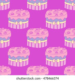 cute seamless pattern with bright birthday cakes on pink background.
