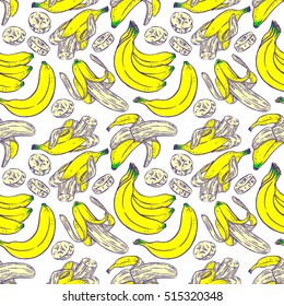 cute seamless pattern of bright color bananas on a white background. hand-drawn illustration
