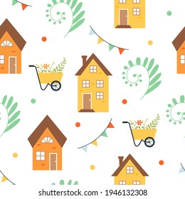 Un patrón impecable con casas brillantes. Perfecto para fondos de pantalla, papel, tarjetas de felicitación, invitaciones. Ilustración vectorial.